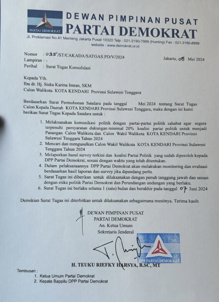 Siska Karina Imran Kantongi Surat Tugas Konsolidasi sebagai Calon Wali Kota Kendari dari DPP Partai Demokrat