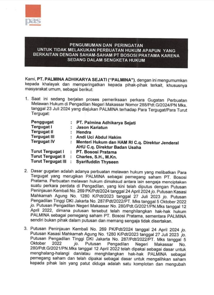PT Palmina Adhikarya Sejati Tegaskan Hak atas Saham PT Bososi Pratama di Tengah Gugatan Hukum