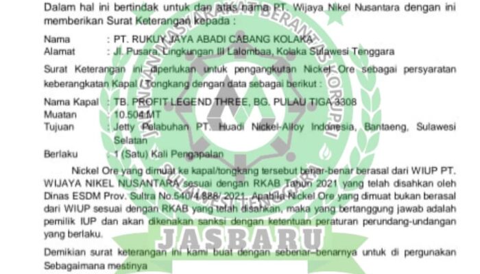 PT Wijaya Nikel Nusantara Diduga Gunakan Dokumen Terbang dalam Penjualan Nikel
