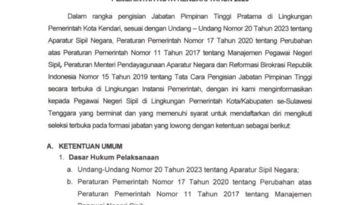 Seleksi ASN 2025, Enam Jabatan Pimpinan Tinggi di Pemkot Kendari Dibuka