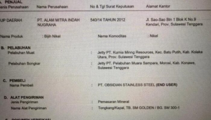 LHV Nomor 3363 PT Carsurin Jadi Sorotan: Rekam Jejak Penjualan 9 Ribu Ton Ore Nikel PT AMIN ke Morosi